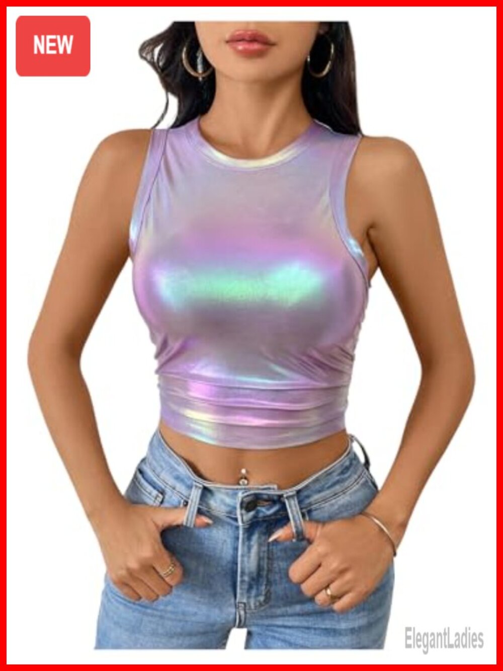 Metallic Glitter Crew Neck Sleeveless Ruched Crop Tank Top Party